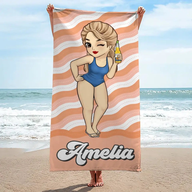 Hottest Girl On The Beach - Bestie Personalized Custom Beach Towel - Summer Vacation Gift, Birthday Pool Party Gift For Best Friends, BFF, Sisters