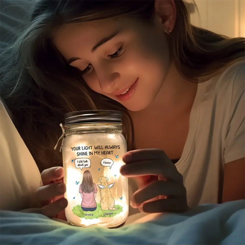 Your Light Will Always Shine In My Heart - Memorial Personalized Custom Mason Jar Light - Sympathy Gift For Cat Lovers, Pet Lovers