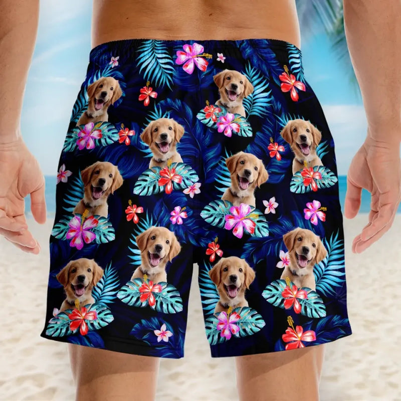 Custom Photo Happy Times And Good Sunshine - Dog & Cat Personalized Custom Tropical Hawaiian Aloha Men Beach Shorts - Summer Vacation Gift, Birthday Party Gift For Dog Lovers