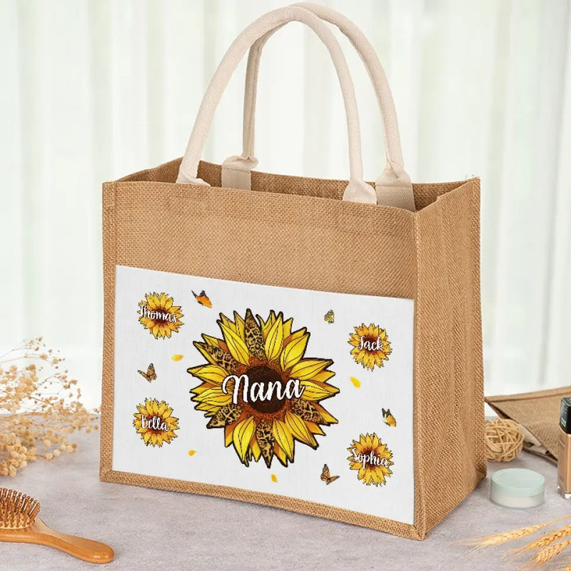 We Live And Bloom With Grace - Family Personalized Custom Tote Gift Bags, Jute Tote Bags, Beach Bags - Gift For Grandma, Mom