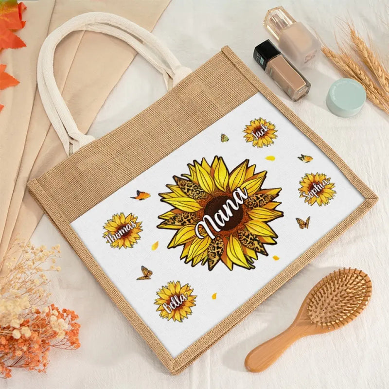 We Live And Bloom With Grace - Family Personalized Custom Tote Gift Bags, Jute Tote Bags, Beach Bags - Gift For Grandma, Mom