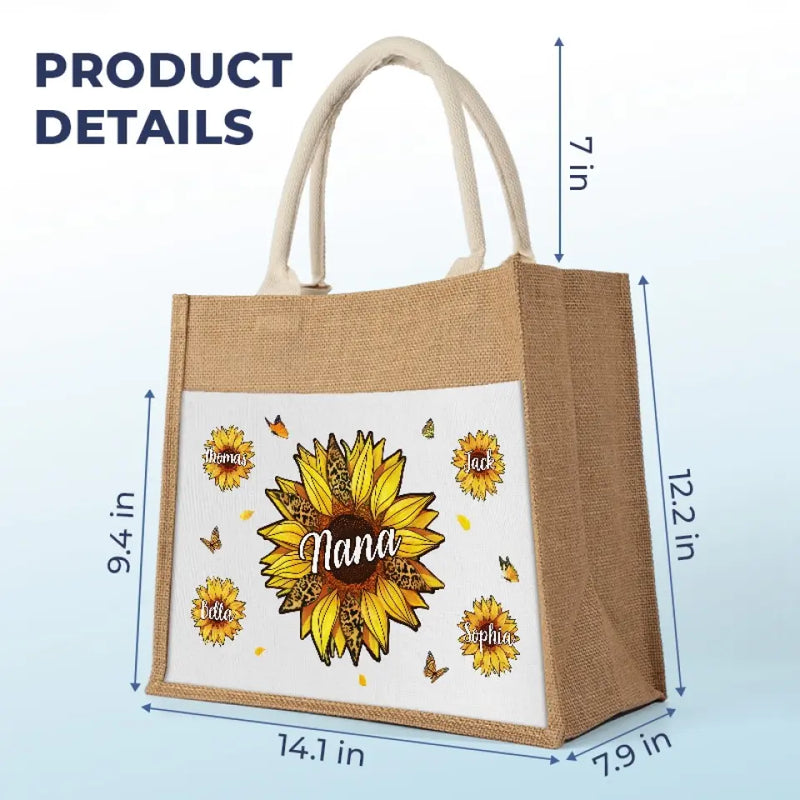 We Live And Bloom With Grace - Family Personalized Custom Tote Gift Bags, Jute Tote Bags, Beach Bags - Gift For Grandma, Mom