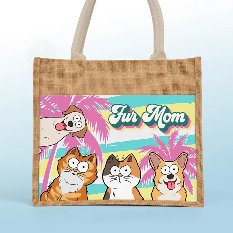 Fur Mom - Dog & Cat Personalized Custom Tote Gift Bags, Jute Tote Bags, Beach Bags - Gift For Dog Lovers, Cat Lovers, Mom