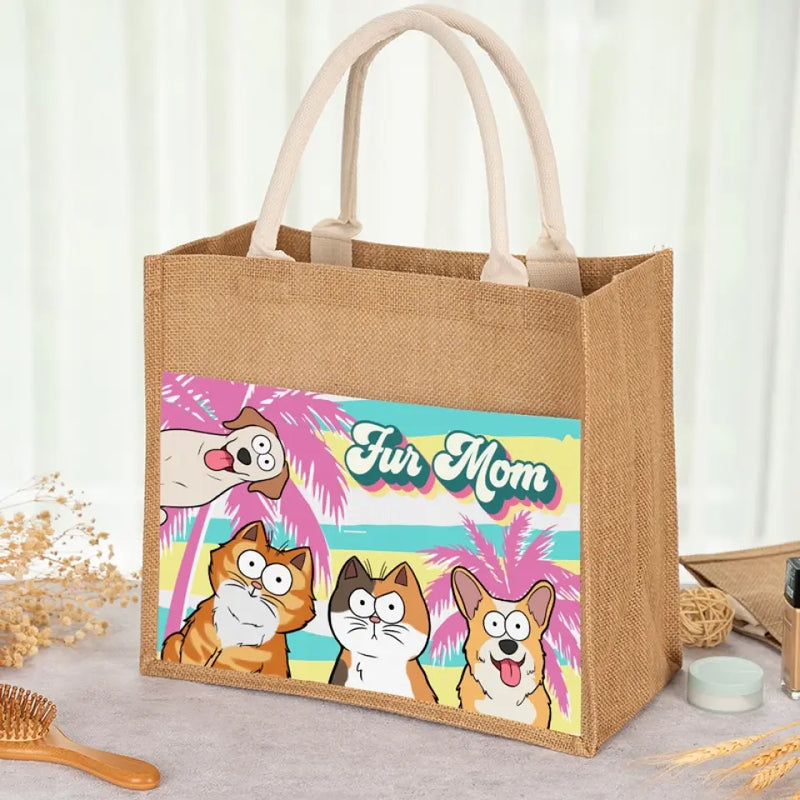 Fur Mom - Dog & Cat Personalized Custom Tote Gift Bags, Jute Tote Bags, Beach Bags - Gift For Dog Lovers, Cat Lovers, Mom