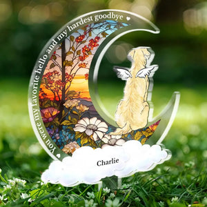 Un morceau de notre cœur vit au paradis - Piquet de jardin commémoratif personnalisé en acrylique style vitrail - Cadeau de condoléances pour les propriétaires et les amoureux des animaux