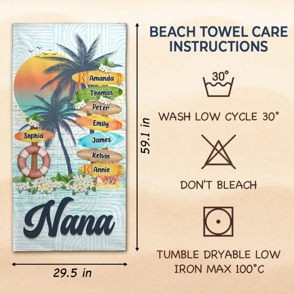 Grandma's Love Knows No Bounds - Family Personalized Custom Beach Towel - Summer Vacation Gift, Birthday Pool Party Gift For Grandma