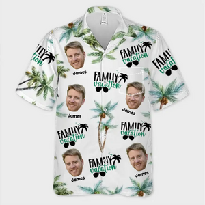 Vacances en famille personnalisées avec photo - T-shirt hawaïen tropical unisexe personnalisé - Cadeau de vacances d'été pour les membres de la famille