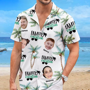 Vacances en famille personnalisées avec photo - T-shirt hawaïen tropical unisexe personnalisé - Cadeau de vacances d'été pour les membres de la famille