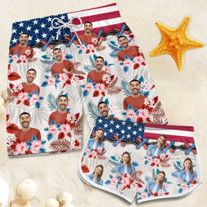 Short de plage personnalisé avec photo « Été radieux » - Cadeau amusant et personnalisé pour couple tropical hawaïen Aloha - Cadeau de vacances d'été, cadeau de fête d'anniversaire pour mari et femme, anniversaire
