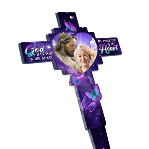 Photo personnalisée « Dieu vous tient dans ses bras » – Piquet de jardin en acrylique personnalisé de style vitrail – Cadeau de condoléances pour les membres de la famille