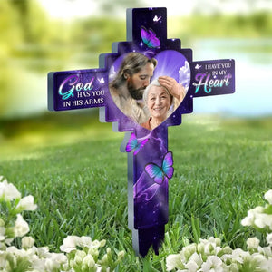 Photo personnalisée « Dieu vous tient dans ses bras » – Piquet de jardin en acrylique personnalisé de style vitrail – Cadeau de condoléances pour les membres de la famille