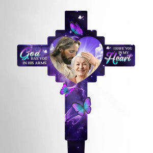 Photo personnalisée « Dieu vous tient dans ses bras » – Piquet de jardin en acrylique personnalisé de style vitrail – Cadeau de condoléances pour les membres de la famille