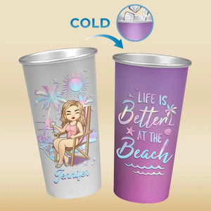 La vie est meilleure à la plage - Tasse personnalisée en aluminium changeant de couleur - Cadeau pour vous-même, vos meilleures amies, vos meilleures amies, vos sœurs
