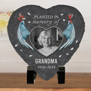 Photo personnalisée plantée en mémoire - Pierre commémorative personnalisée en forme de cœur - Cadeau de condoléances pour les membres de la famille