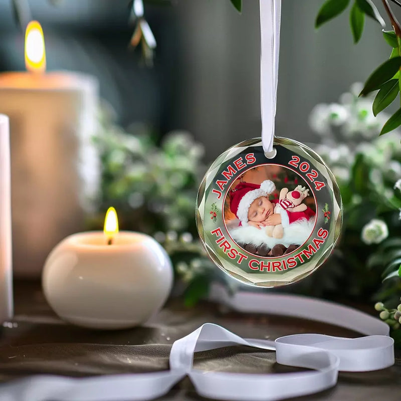Custom Photo A Newborn's Premier Christmas - Family Personalized Custom Circle Glass Ornament - Christmas Gift For Baby, New Moms, New Dads