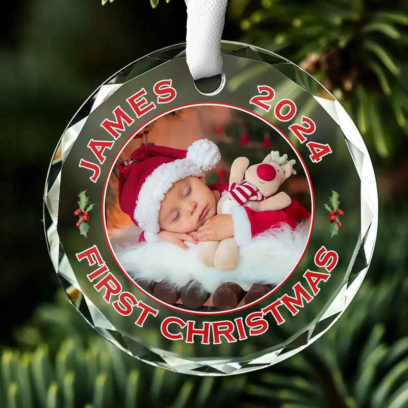 Custom Photo A Newborn's Premier Christmas - Family Personalized Custom Circle Glass Ornament - Christmas Gift For Baby, New Moms, New Dads
