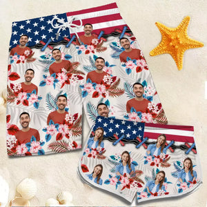 Short de plage personnalisé avec photo « Été radieux » - Cadeau amusant et personnalisé pour couple tropical hawaïen Aloha - Cadeau de vacances d'été, cadeau de fête d'anniversaire pour mari et femme, anniversaire