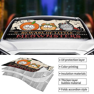 Attention au petit Meownster ! Pare-soleil personnalisé pour pare-brise de voiture, protection pour vitres de voiture, cadeau d'Halloween pour propriétaires et amoureux des animaux.