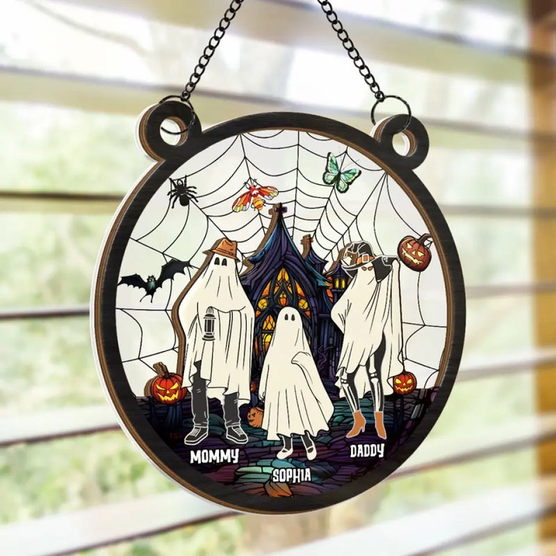 Wishing You A Haunting Night - Family Personalized Window Hanging Suncatcher - Halloween Gift For Family Members