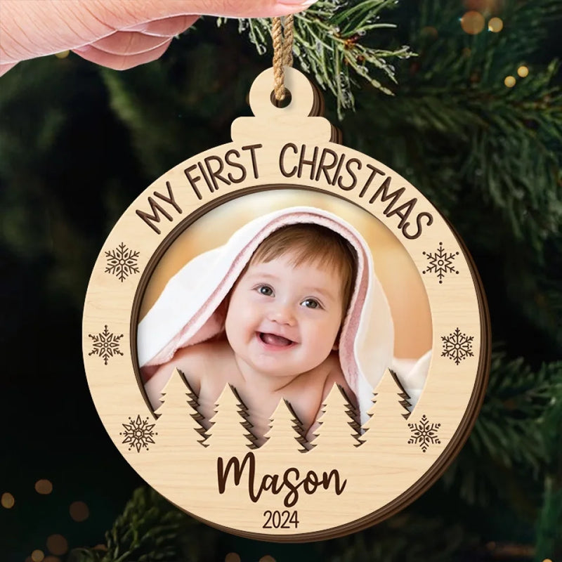 Custom Photo First Christmas Snuggles, First Christmas Giggles - Family Personalized Custom Shaped 2 Layered Wood Christmas Ornament - Christmas Gift For Baby Kids, Newborn Baby