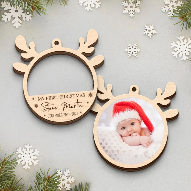 Custom Photo Our Little Reindeer Is Ready For Their First Sleigh Ride! - Family Personalized Custom Shaped 2 Layered Wood Christmas Ornament - Christmas Gift For Baby Kids, Newborn Baby