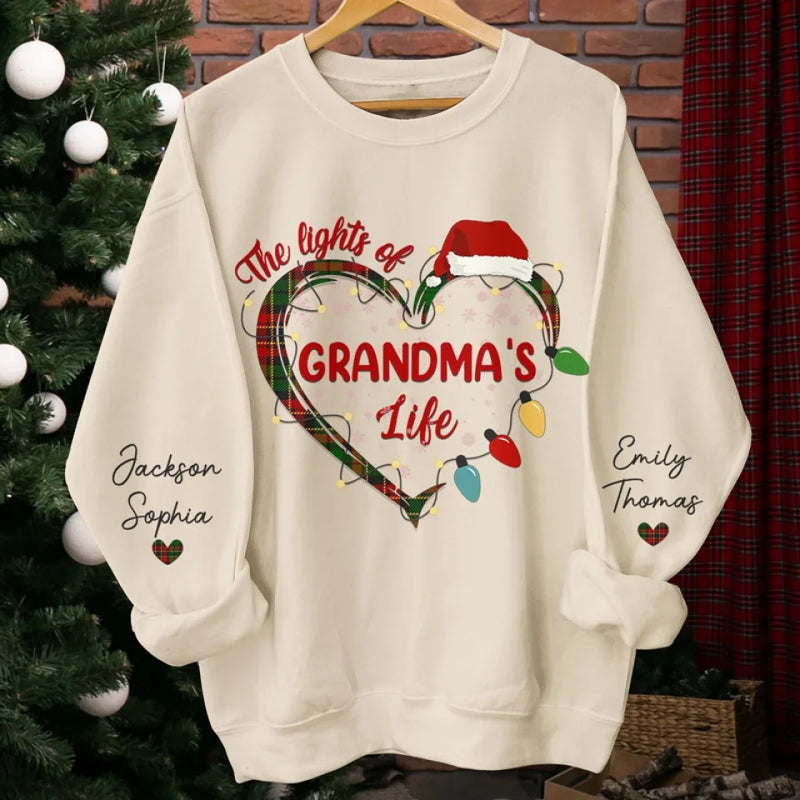 The Lights Of Grandma's Life - Family Personalized Custom Unisex Sweatshirt With Design On Sleeve - Christmas Gift For Mom, Grandma