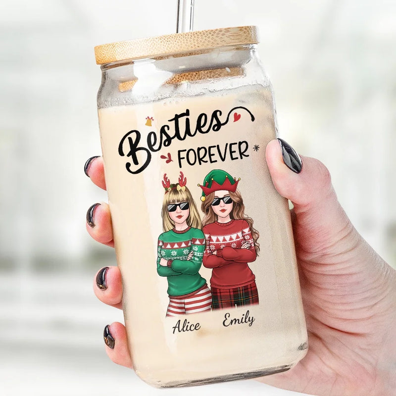 Homies For The Holidays - Bestie Personalized Custom Glass Cup, Iced Coffee Cup - Christmas Gift For Best Friends, BFF, Sisters
