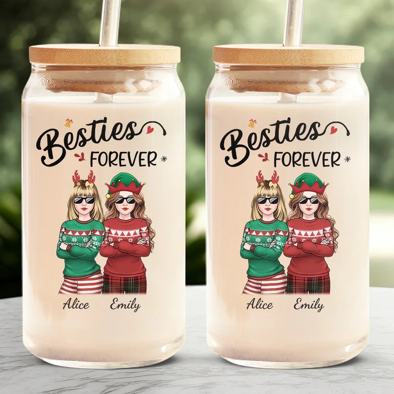 Homies For The Holidays - Bestie Personalized Custom Glass Cup, Iced Coffee Cup - Christmas Gift For Best Friends, BFF, Sisters