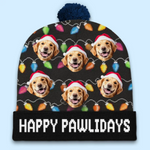 Custom Photo Happy Pawlidays - Dog & Cat Personalized Custom Christmas Beanie Hat - Christmas Gift For Pet Owners, Pet Lovers