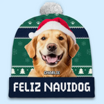 Custom Photo Feliz Navidog - Dog & Cat Personalized Custom Christmas Beanie Hat - Christmas Gift For Pet Owners, Pet Lovers