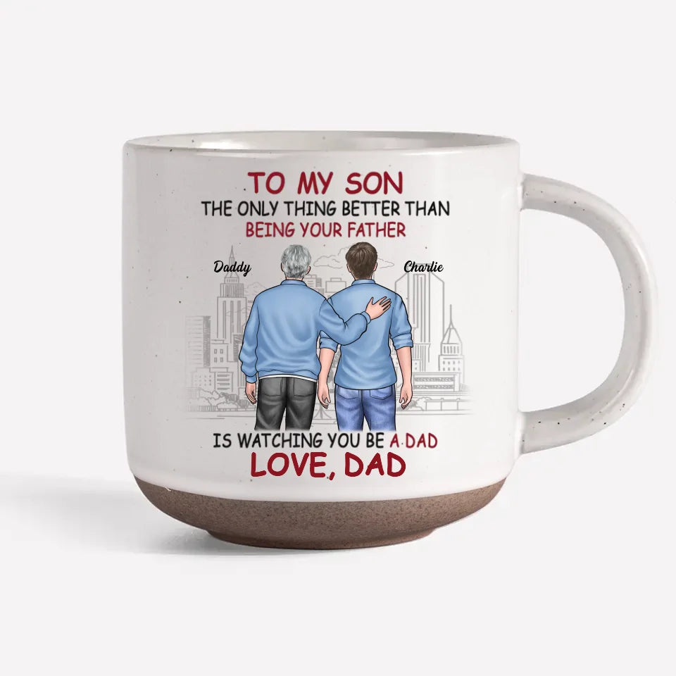 Cheers To You As You Step Into Fatherhood - Family Personalized Custom Printed Pottery Mug - Gift For Son, Grandson