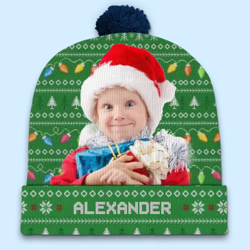 Custom Photo Wherever We Are, Family Is Christmas - Family Personalized Custom Christmas Beanie Hat - Christmas Gift For Family Members