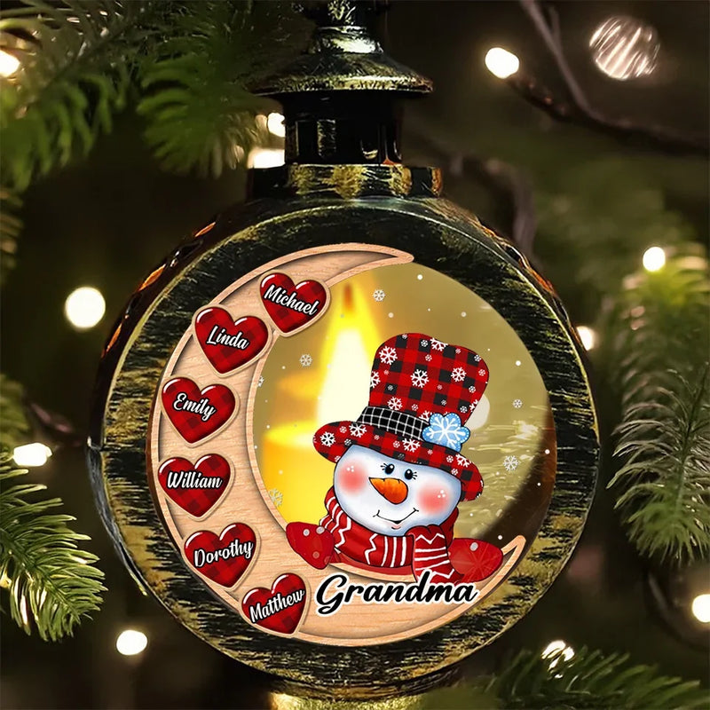 Building Snowmen, Building Bonds - Family Personalized Custom Candlelight Lantern Ornament - Christmas Gift For Grandma