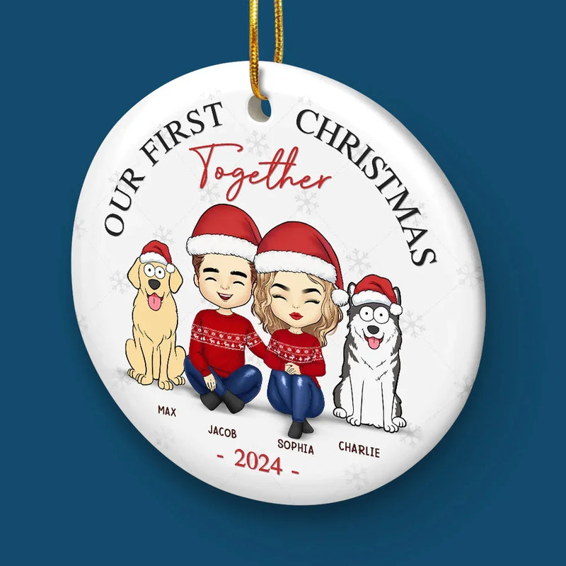 Mistletoe Kisses And Paw Prints In The Snow - Couple Personalized Custom Ornament - Ceramic Round Shaped - Christmas Gift For Husband Wife, Anniversary, Pet Owners, Pet Lovers, First Christmas