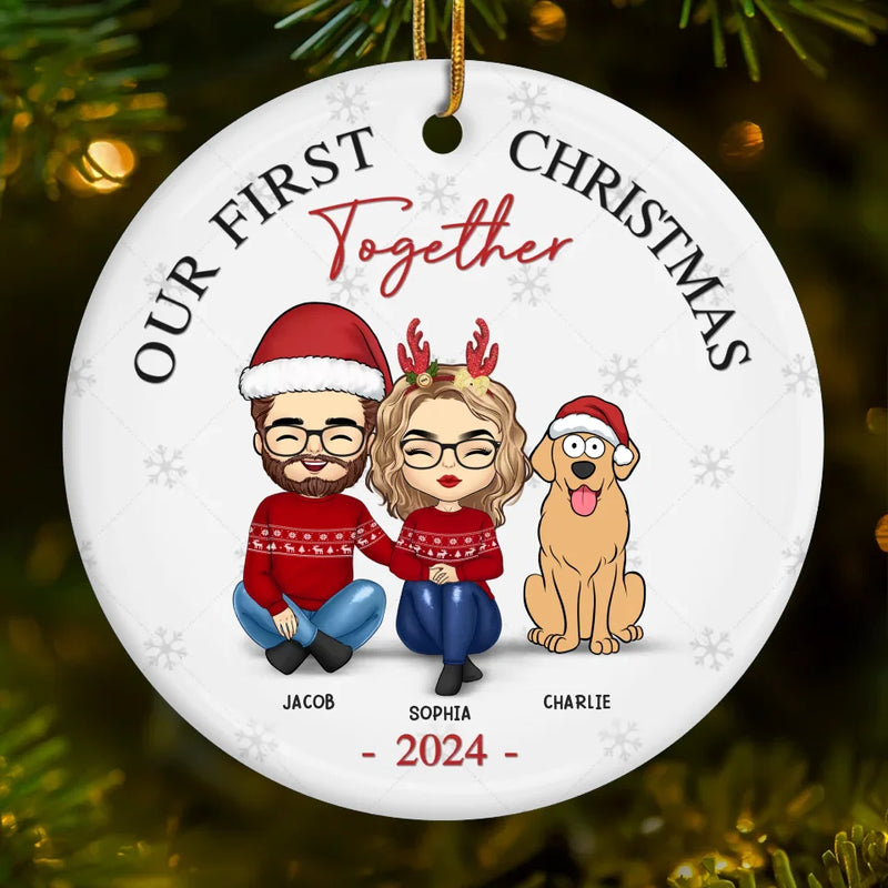 Mistletoe Kisses And Paw Prints In The Snow - Couple Personalized Custom Ornament - Ceramic Round Shaped - Christmas Gift For Husband Wife, Anniversary, Pet Owners, Pet Lovers, First Christmas
