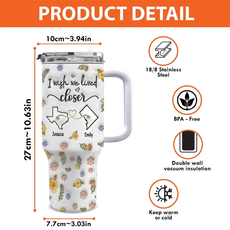 Distance Makes The Friendship Stronger - Bestie Personalized Custom 3D Inflated Effect Printed 40 Oz Stainless Steel Tumbler With Handle - Gift For Best Friends, BFF, Sisters