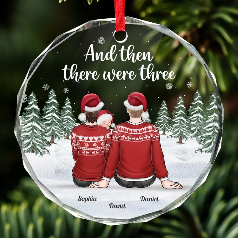 Our First Christmas As A Family Of Three - Family Personalized Custom Circle Glass Ornament - Christmas Gift For Family Members, Baby Kids, Newborn Baby, First Christmas