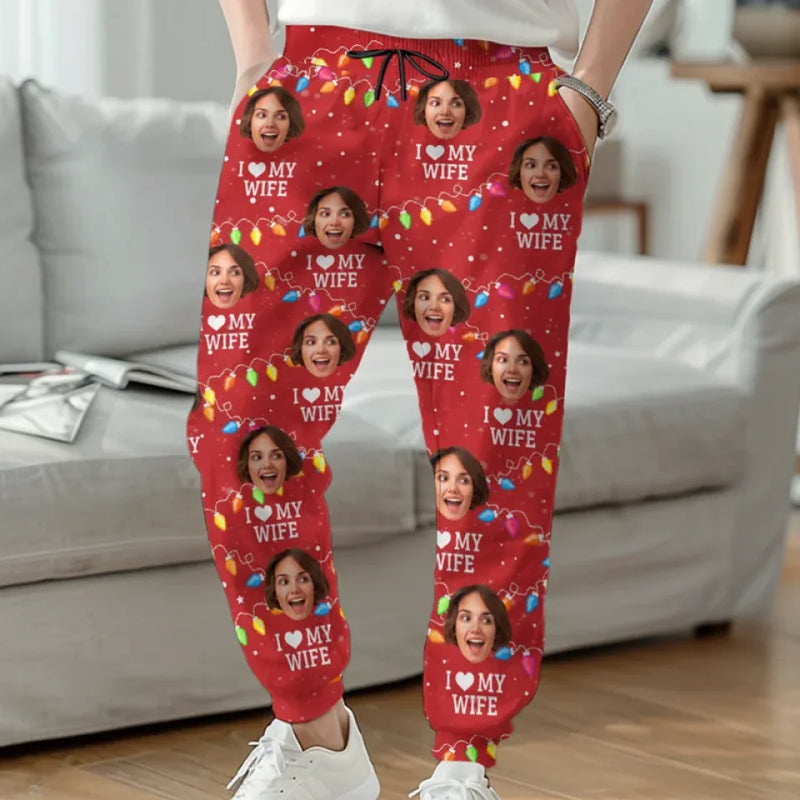 Custom Photo Christmas Love Vibes Over Here - Couple Personalized Custom Unisex Sweatpants - Christmas Gift For Husband Wife, Anniversary