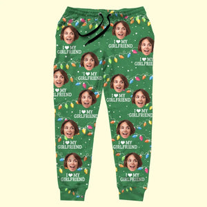 Photo personnalisée, ambiance de Noël et d'amour ici - Pantalon de survêtement unisexe personnalisé pour couple - Cadeau de Noël pour mari et femme, anniversaire