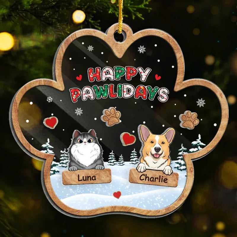 Happy Pawlidays - Dog & Cat Personalized Custom 3 Layers Shaker Ornament - Christmas Gift For Pet Owners, Pet Lovers