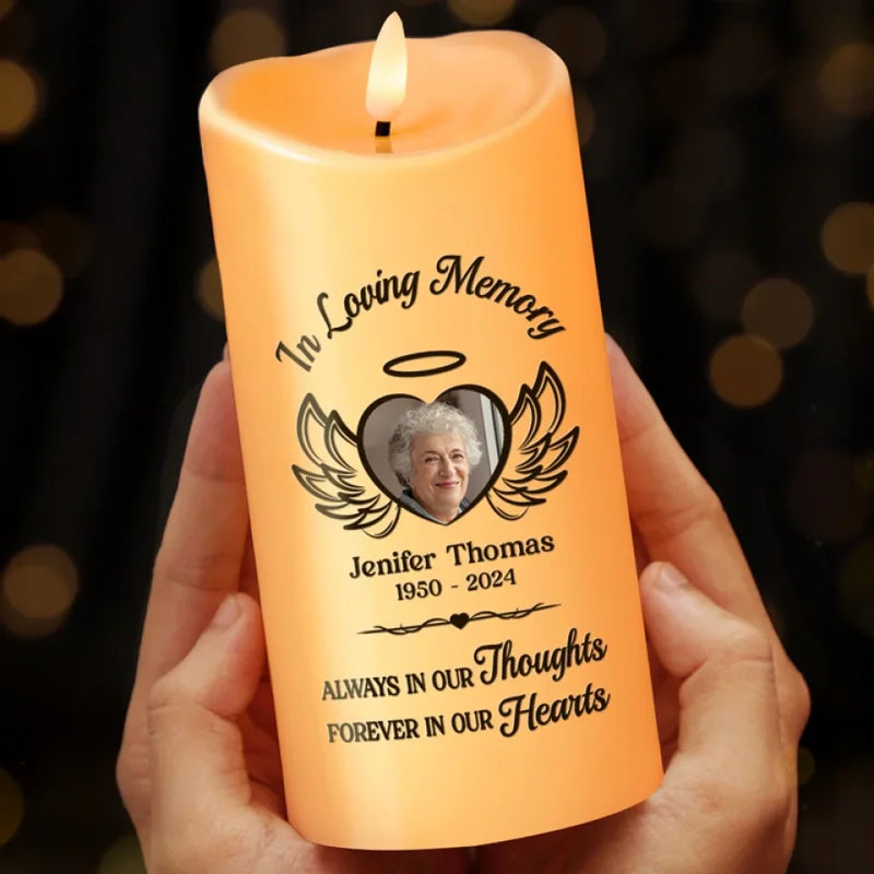 Custom Photo Loved, Remembered, And Cherished - Memorial Personalized Custom LED Candle - Sympathy Gift, Christmas Gift For Family Members