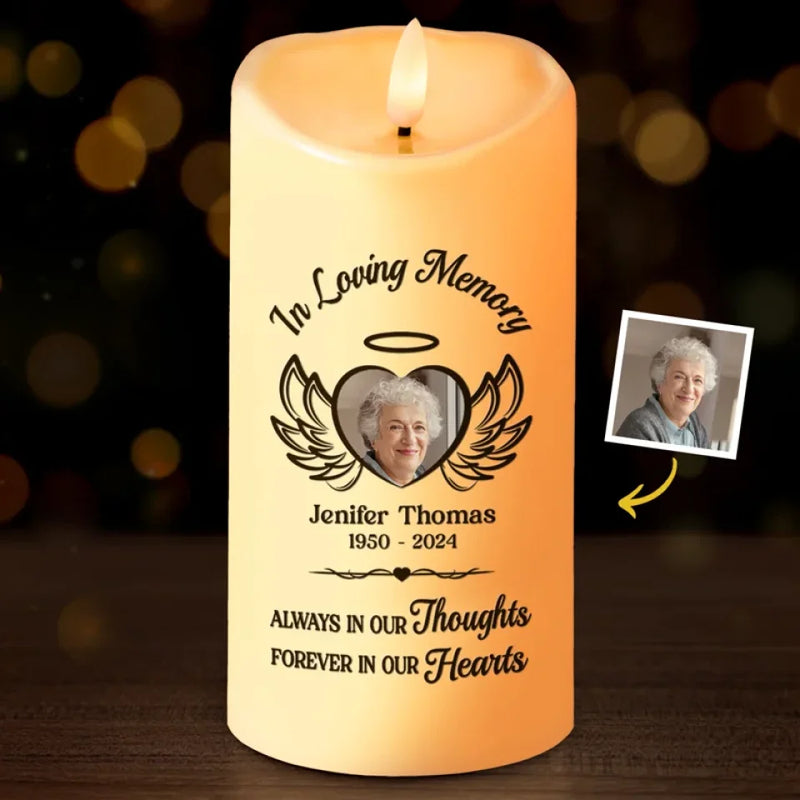Custom Photo Loved, Remembered, And Cherished - Memorial Personalized Custom LED Candle - Sympathy Gift, Christmas Gift For Family Members