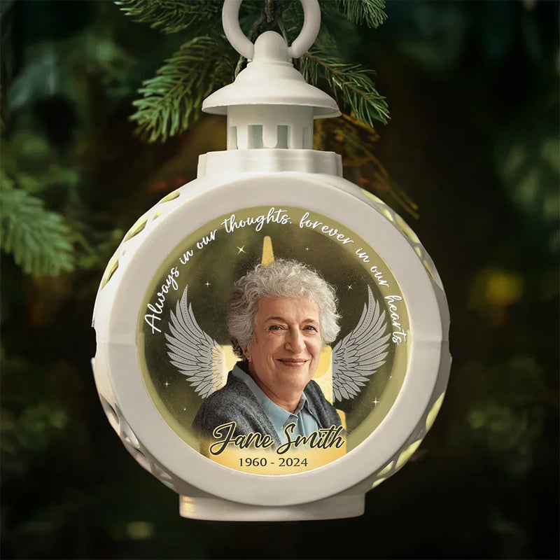 Custom Photo Your Light Will Always Shine In Our Hearts - Memorial Personalized Custom Candlelight Lantern Ornament - Sympathy Gift, Christmas Gift For Family Members