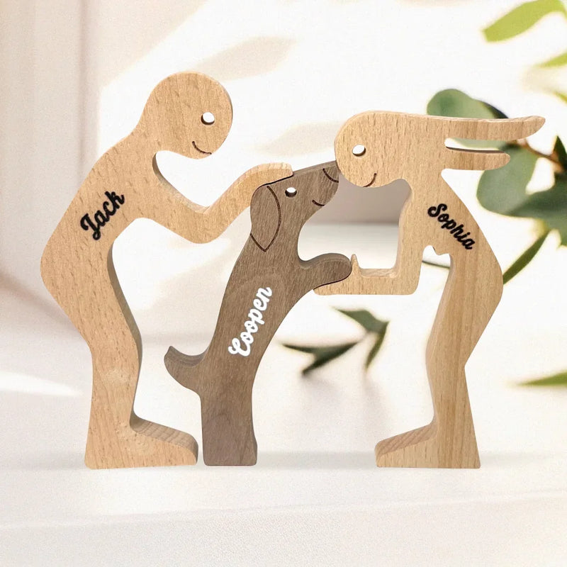 Love Makes A Family - Dog & Cat Personalized Custom Shaped Wooden Art Puzzle - Wooden Pet Carvings, Wood Sculpture Table Ornaments, Carved Wood Decor - Gift For Pet Owners, Pet Lovers