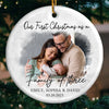 Custom Photo Our First Christmas As A Family Of Three - Couple Personalized Custom Ornament - Ceramic Round Shaped - Christmas Gift For Husband Wife, Anniversary, First Christmas
