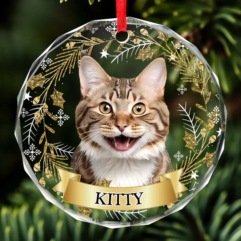 Custom Photo Happiness Is A Purring Kitty - Dog & Cat Personalized Custom Circle Glass Ornament - Christmas Gift For Pet Owners, Pet Lovers
