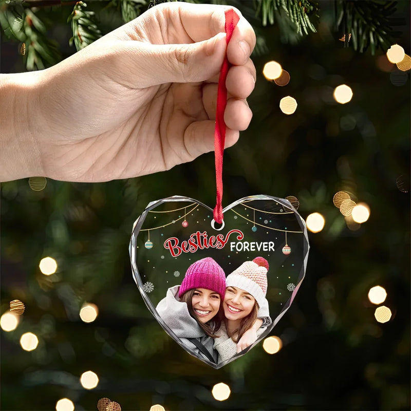 Custom Photo Friends Forever - Bestie Personalized Custom Heart Glass Ornament - Christmas Gift For Best Friends, BFF, Sisters