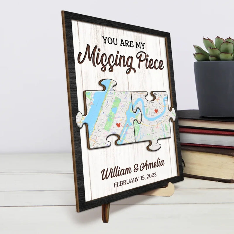 Location Map Love Knows No Distance - Couple Personalized Custom Map 2-Layered Wooden Plaque With Stand - Map Art, Christmas Gift For Husband Wife, Anniversary