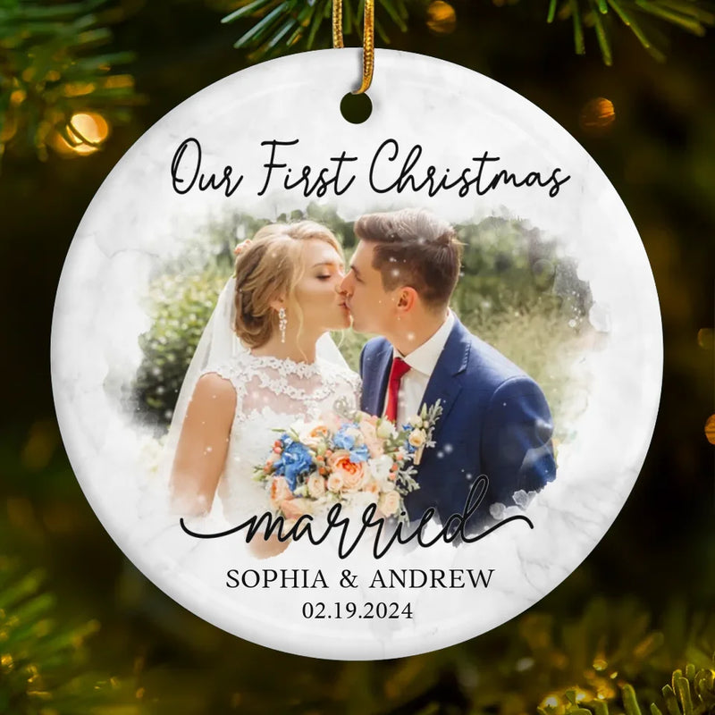 Custom Photo Our First Year Married - Couple Personalized Custom Ornament - Ceramic Round Shaped - New Arrival, Christmas Gift For Husband Wife, Anniversary, First Christmas AMZ