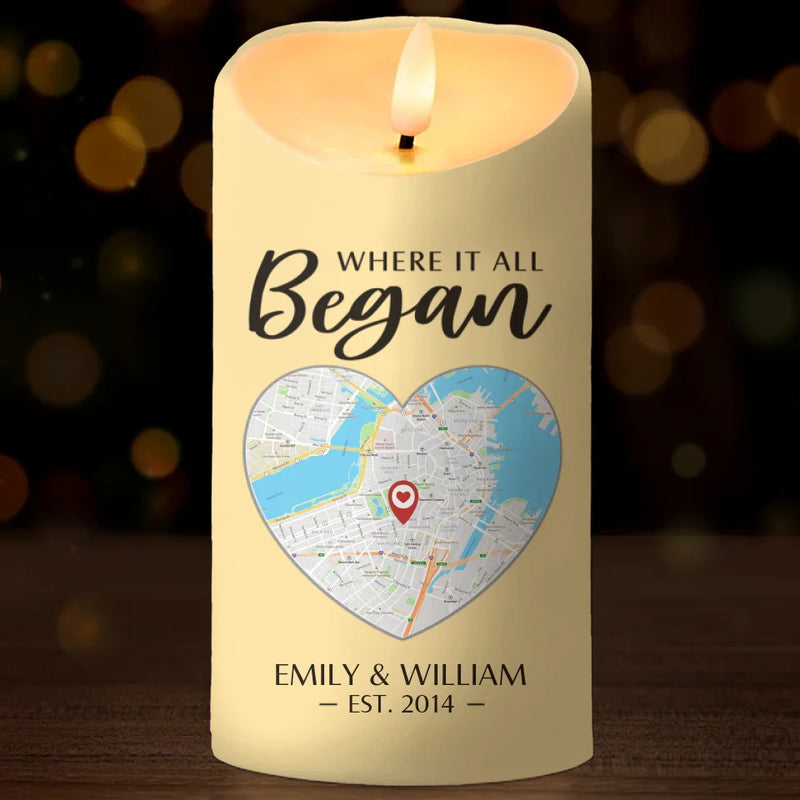 Location Map Where It All Began - Couple Personalized Custom LED Candle - Map Art, Gift For Husband Wife, Anniversary